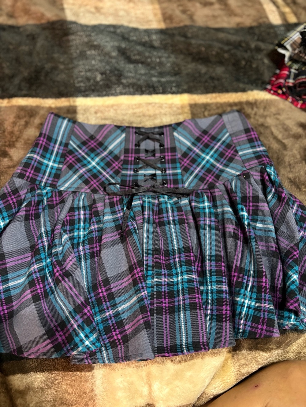 Candie's Purple & Teal Plaid Lace-Up Mini Skirt
